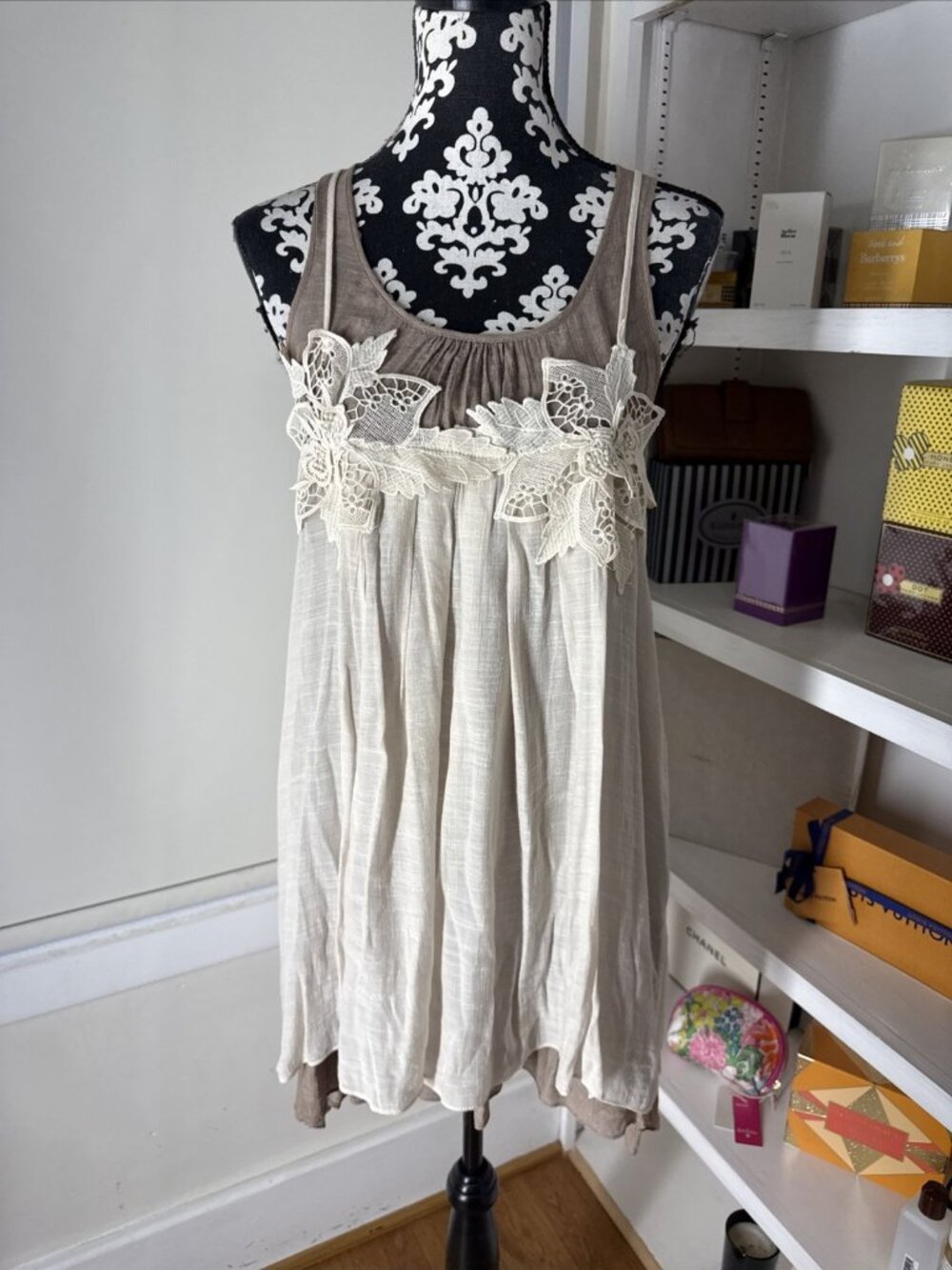 Altar’d State Ivory Brown Sleeveless Mini Dress Small Lace Swing Babydoll NWOT